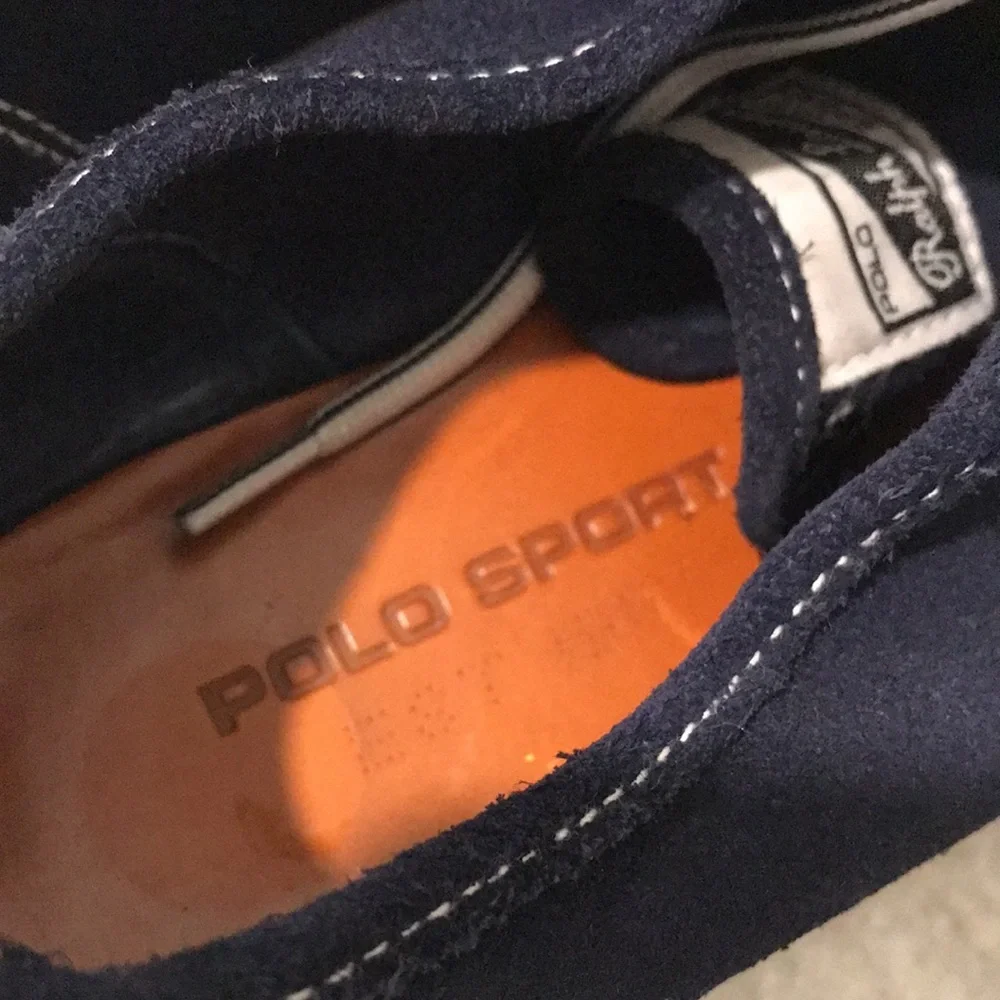 Vintage Polo Ralph‎ Lauren Sport Sneakers Mens 7.5 Navy Blue White Leather Retro